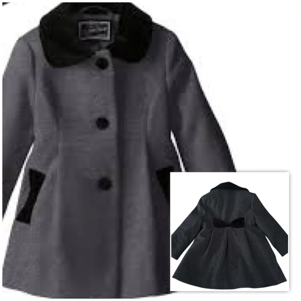 Rothschild Gray Faux Wool Black Velvet Trim Back Bow Adorable Peacoat 2T - Picture 2 of 16